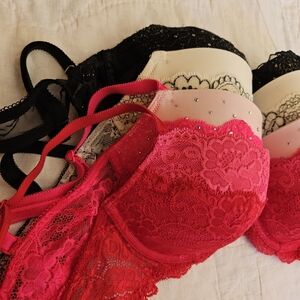 Four 32D Dream Angel Victoria's Secret Push Up Bra Wire Satin Lace & Rhinestone